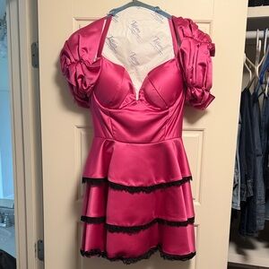 80’s custom costume Pink Satin Dress with Puff Sleeves